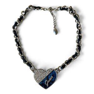 Guess Y2K silver rhinestone chain link heart pendant collar necklace 15" bling